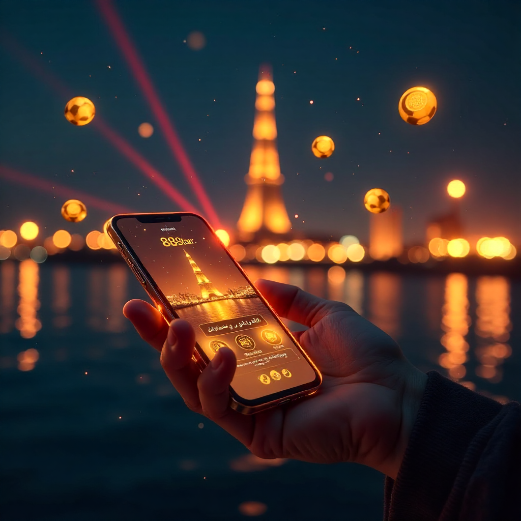 Futuristic hand holding a transparent glass smartphone displaying 888starz official Arabic app, background is the Cairo Tower and Nile river at night with glowing red laser beams and golden bokeh, 3D holographic gold EGP coins and soccer balls floating, n